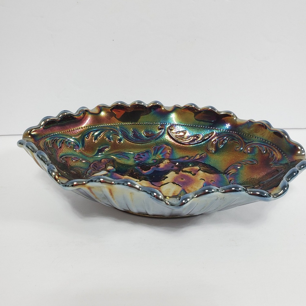 Fenton Carnival Glass Oval Scalloped Bowl Iridescent Floral Design